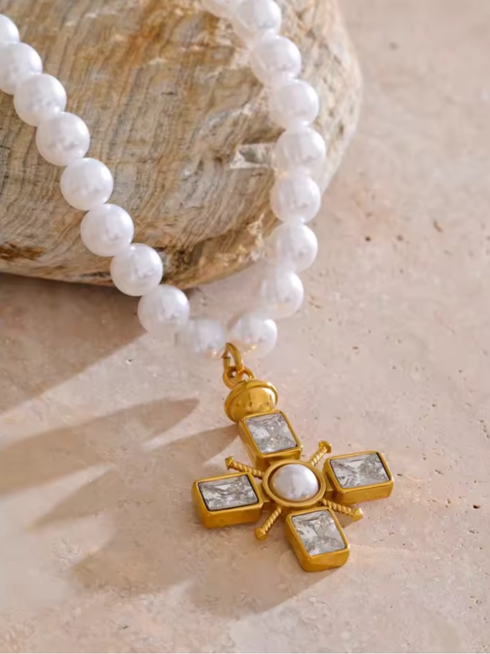 Gold Cross Pearl Pendant Necklace - Picture 10 of 16